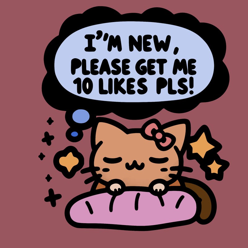 kitty taking a nap dream talking and saying "i'm new, please get me at least 10 likes pls!!"