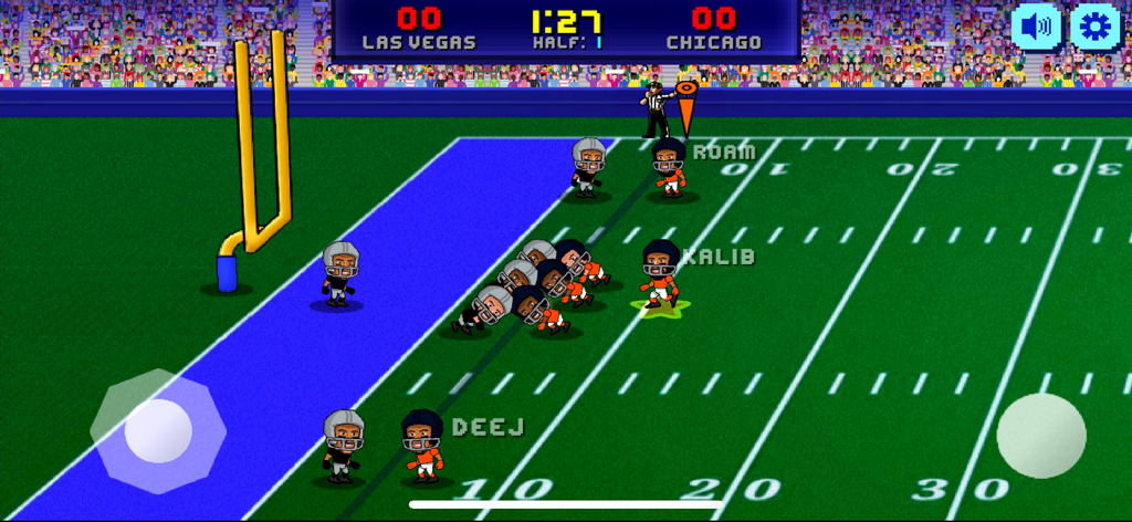Retro pixel art gameplay of Football Bros showing Chicago vs Las Vegas on a green football field with on-screen touch controls.