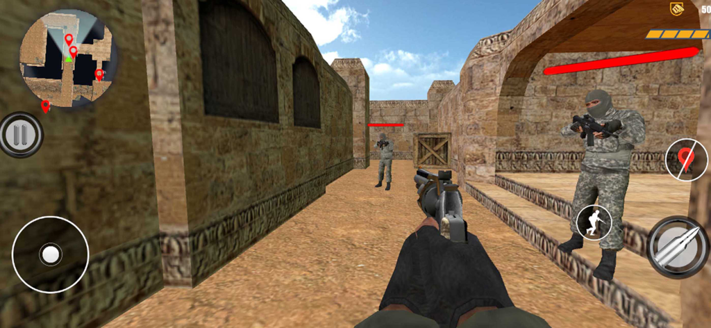 Fps commando Shooting Warzone - First-person shooter gameplay showing a tactical mission with a revolver and enemy soldiers in a stone environment.