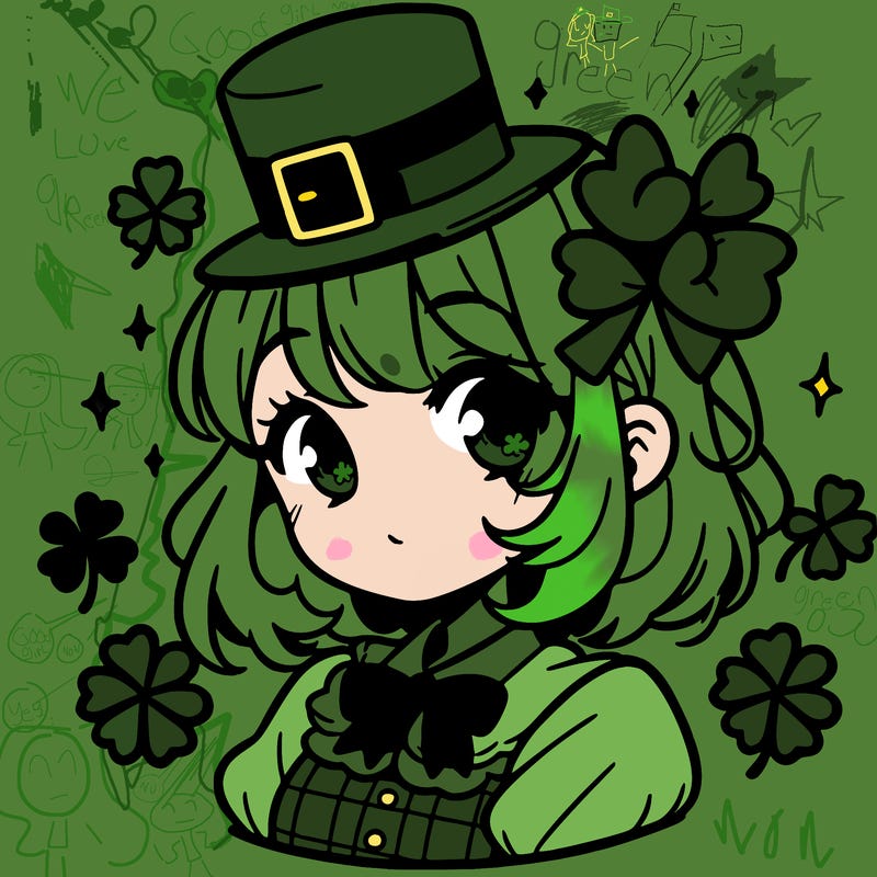 a manga-style girl with clovers around her, a little hat in her hair, like it's saint patrick's day