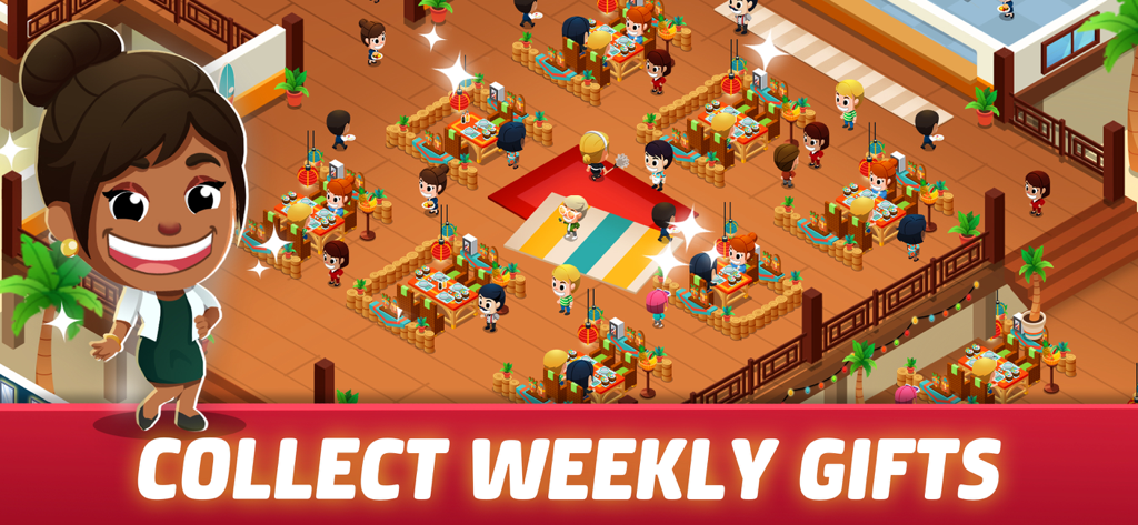 Idle Restaurant Tycoon: Empire - Intérieur animé de restaurant dans Idle Restaurant Tycoon avec une invite pour collecter des cadeaux hebdomadaires.