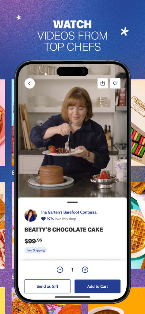 Goldbelly: Ship Food & Gifts - Smartphone screen of the Goldbelly app featuring a video of chef Ina Garten and an option to purchase Beatty's Chocolate Cake.