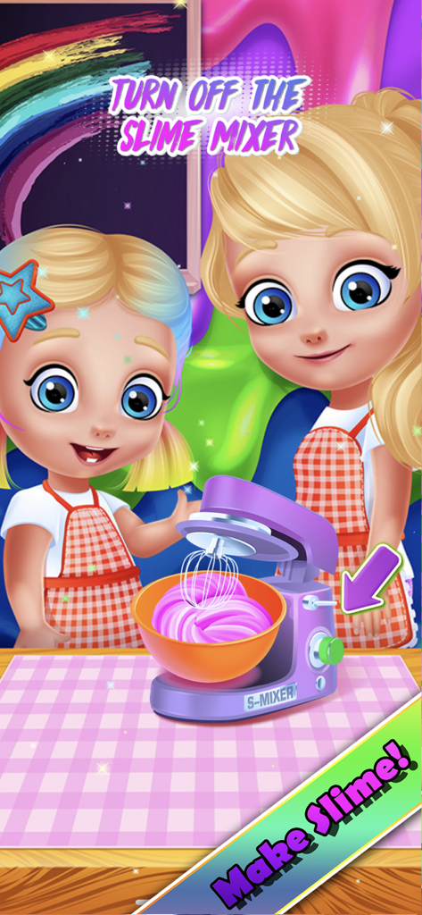 Two cartoon girls in aprons using a purple electric mixer to create pink slime.
