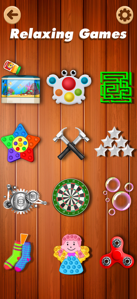 Tidy Fidget ASMR: Antistress - Pantalla del menú de la aplicación Tidy Fidget ASMR que muestra una colección de mini-juegos antiestrés y juguetes antiestrés sobre un fondo de madera