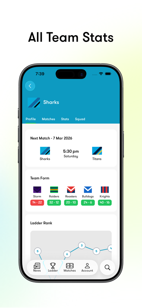 Tryline: NRL Scores & Stats - Tryline app screen showing NRL team statistics for the Sharks including form and ladder rank.