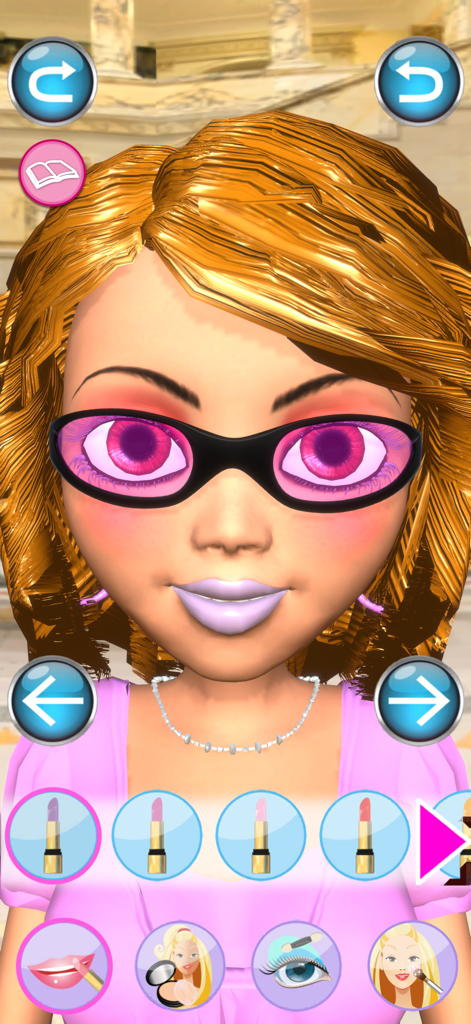 Un personaje 3D llamado Angela en una interfaz de salón de maquillaje con iconos de lápiz labial y herramientas de belleza