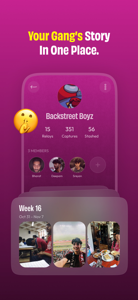 Interface of the Drop app showing a private group profile with shared photo stories and a member list