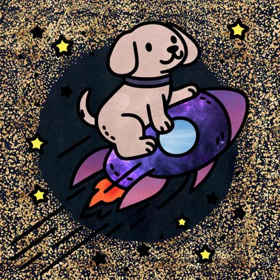 thin and crisp lines dog riding a comet through space for coloring book