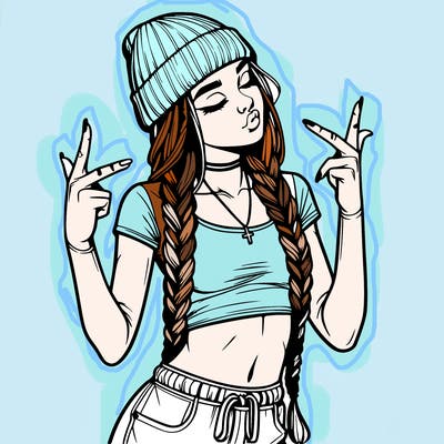 realistic teenage girl with braids and a beanie and crop top doing 🫶🏼