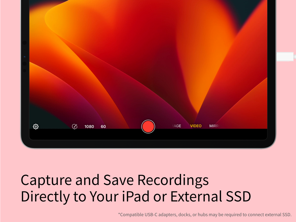 Genki Studio - Genki Studio app interface on iPad showing the video recording feature and external storage options.