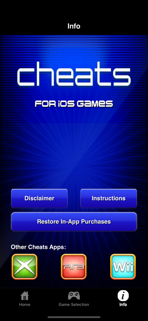 Mobile Cheats for iOS Games - Information screen of the Mobile Cheats for iOS Games app displaying buttons for instructions and other platform cheat guides