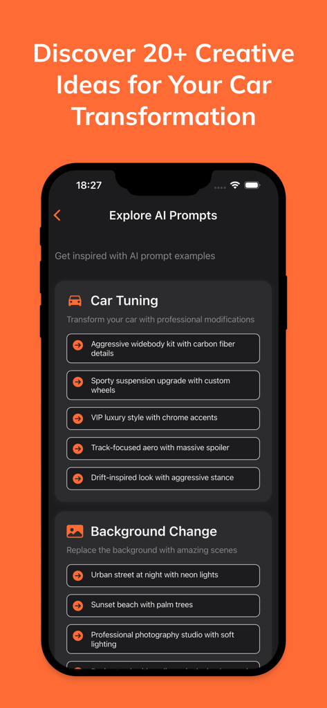 Tuning App: Ai Car Designer - Mobile app screen displaying various AI prompt suggestions for car tuning and background modifications.