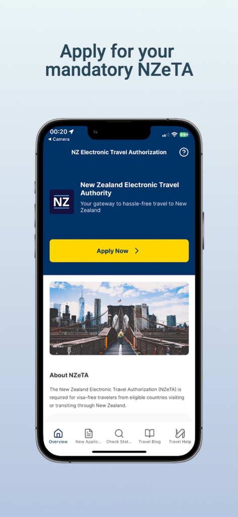Pantalla de inicio de la aplicación móvil Asistente NZeTA con un botón amarillo Solicitar ahora para la autorización de viaje a Nueva Zelanda.