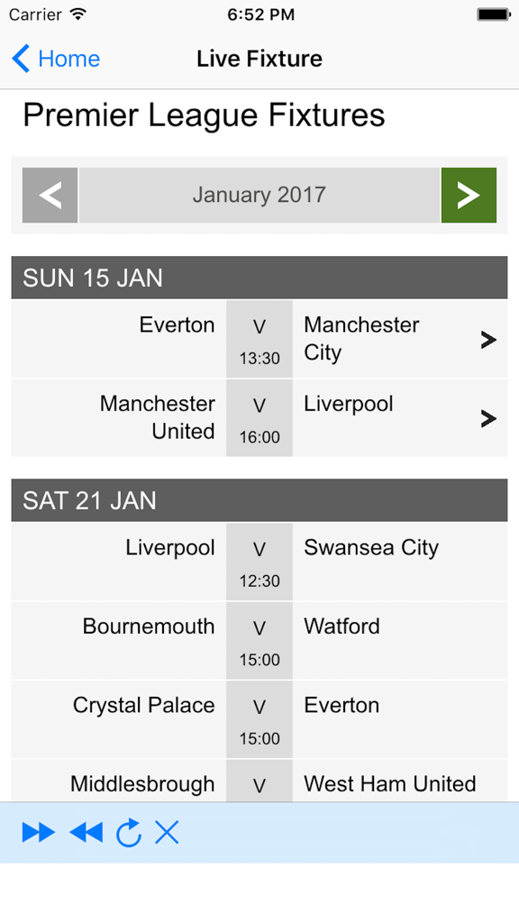 Live Football Update - Mobile app screen showing Premier League football fixtures and match times