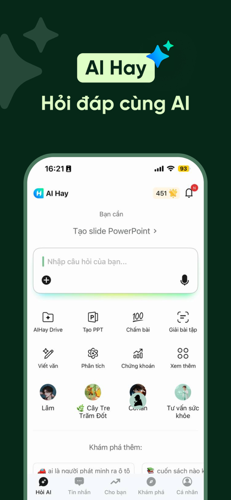 AI Hay – Smart Local AI - Main dashboard of the AI Hay app showing homework help tools and AI assistant profiles
