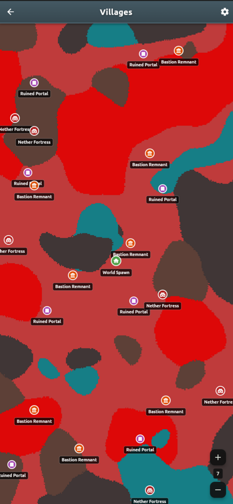 Interactive SeedMap view showing Minecraft Nether structures including Bastion Remnants and Nether Fortresses on a biome map