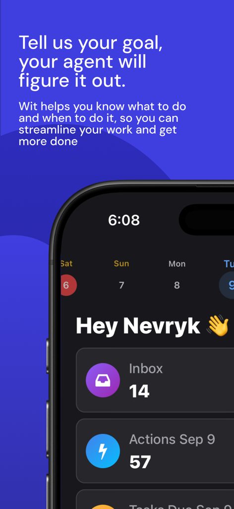 AI Companion app - WitAI Agent - WitAI Agent mobile app interface showing a personalized productivity dashboard with inbox messages and scheduled actions.