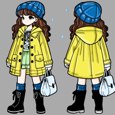 girl with a rain jacket and boots and bag