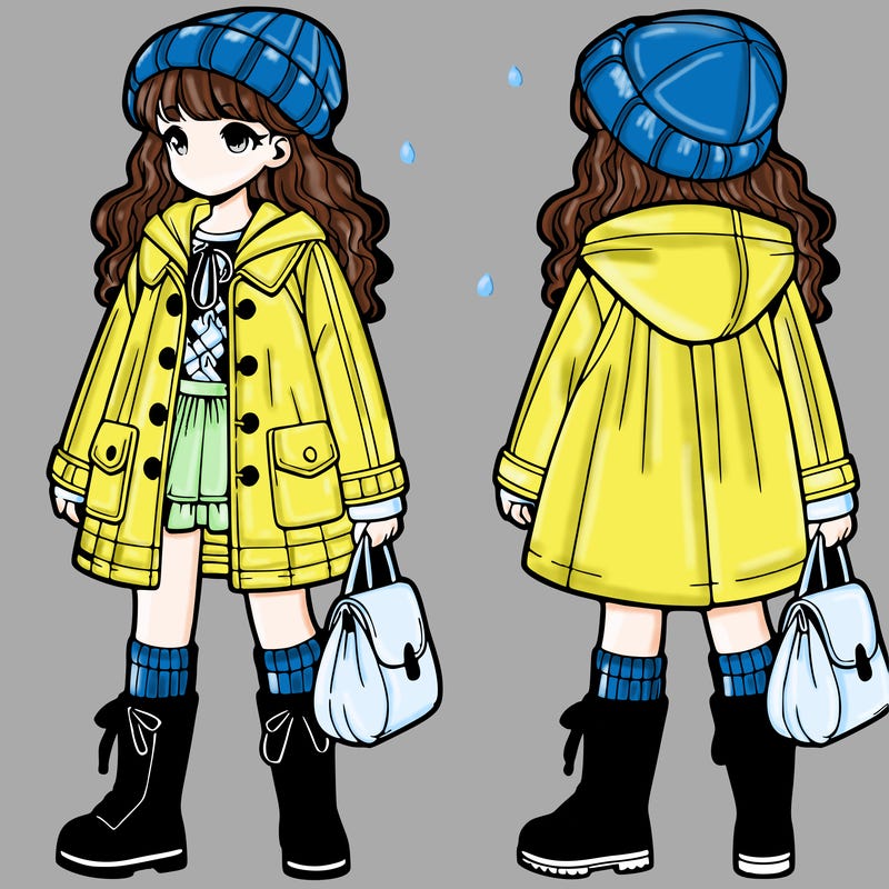 girl with a rain jacket and boots and bag