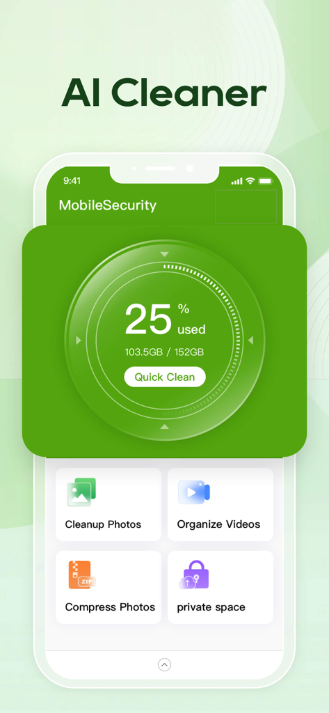 Dashboard of MobileSecurity phone cleaner app showing storage status and cleaning tools
