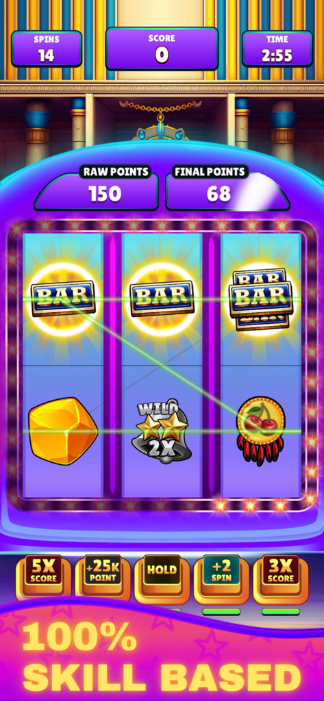 Real Money Slots Stake Casino - Interfaccia di un gioco di slot basato sull'abilità con punti e vari simboli