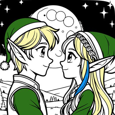 elf couple looking into eachothers eyes in the moonlight