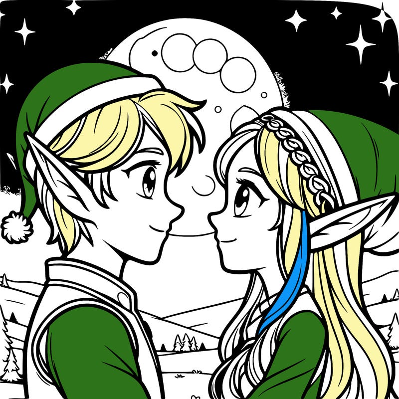 elf couple looking into eachothers eyes in the moonlight