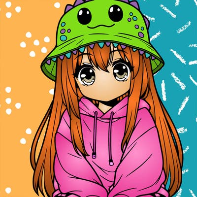 girl with anime shaped eyes with a dinosaur bucket hat oversized sweatshirt long straight hair