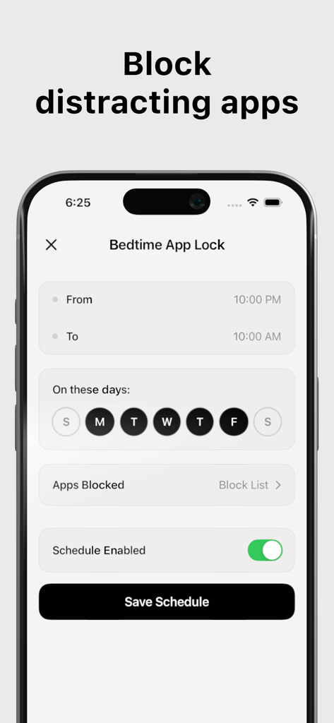 Erly: Wake Up Early - Interfaccia dell'app Erly che mostra le impostazioni di Blocco App prima di dormire con un programma dalle 22:00 alle 10:00 per bloccare le app distraenti.