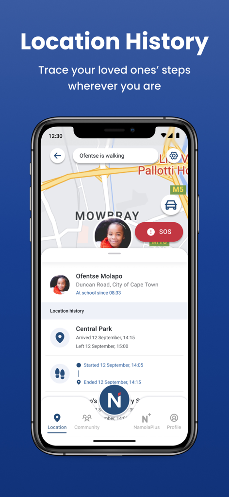 Namola app interface showing location history and real-time tracking for family safety