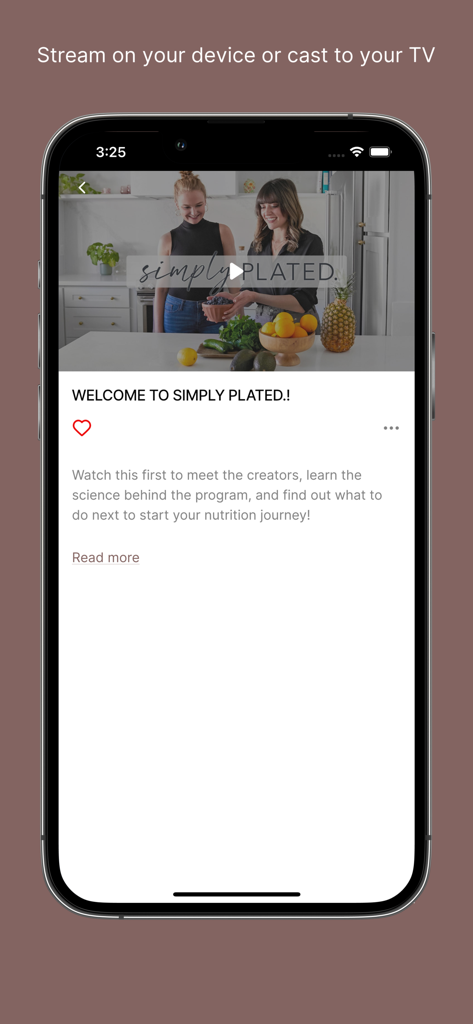 Smartphone screen showing the Simply Plated nutrition program on the Jazzercise On Demand app