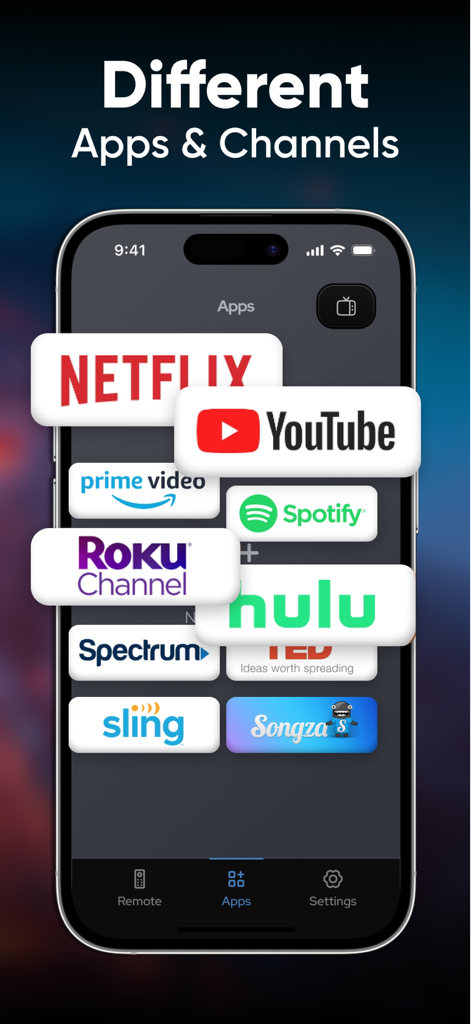 Remote TV Control・Universal - Interfaz de una app de control remoto universal que muestra varios iconos de servicios de streaming como Netflix y YouTube para una navegación rápida.