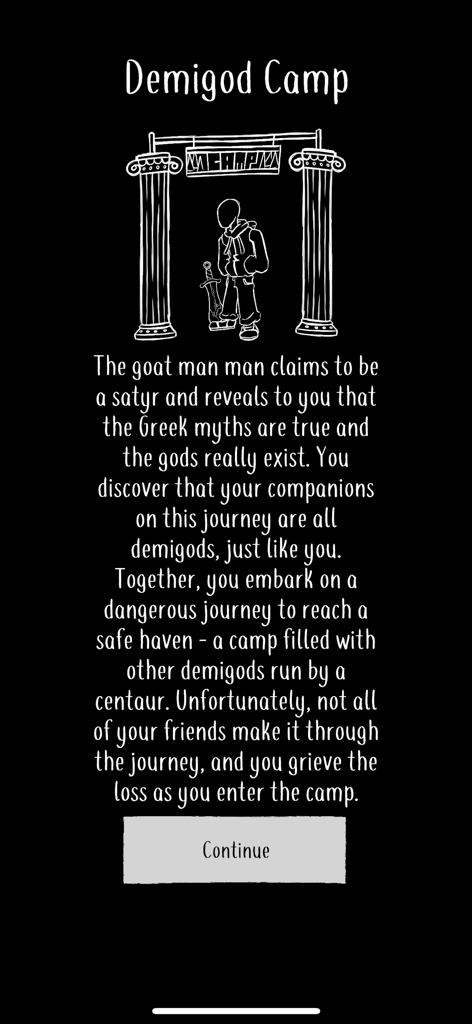 Una pantalla de historia en blanco y negro para la aplicación Psyche Godly Origins con el título Campamento de Semidioses y una ilustración dibujada a mano de un personaje en las puertas del campamento