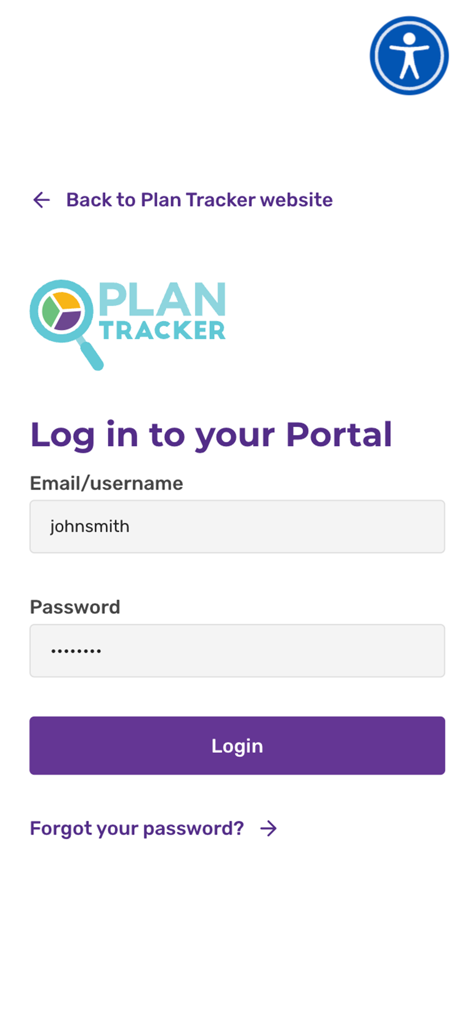 Login screen for the Plan Tracker Portal mobile app showing username and password fields.