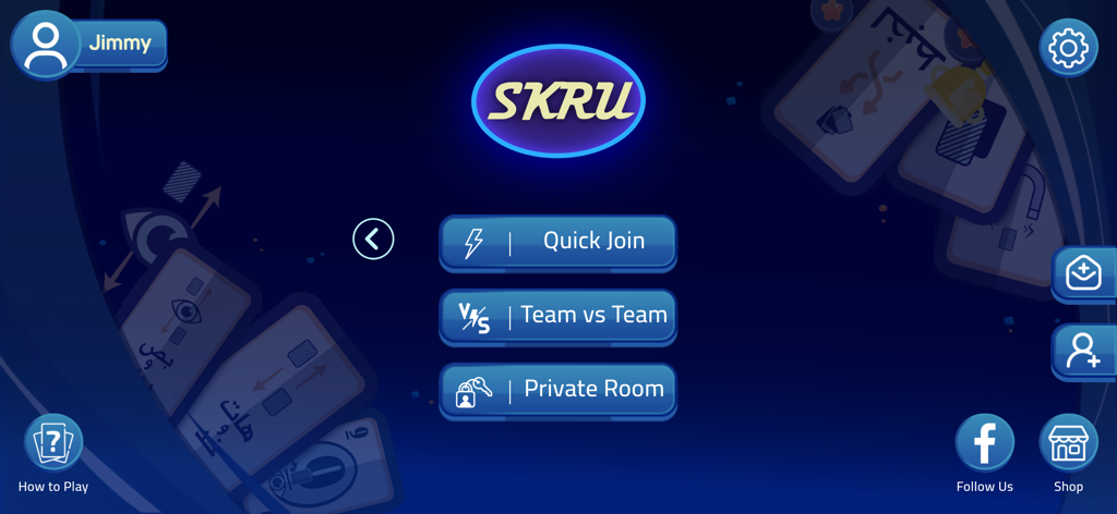 Skru - Skru card game main menu with options for Quick Join Team vs Team and Private Room