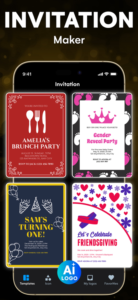 Tela de aplicativo móvel mostrando modelos de convite para uma festa de brunch, chá de revelação, primeiro aniversário e celebração de Friendsgiving.