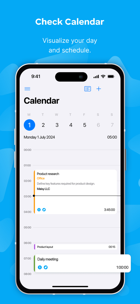 Clockify Time Tracker - Interface de l'application Clockify montrant un calendrier avec les relevés de temps pour la recherche de produits et les réunions