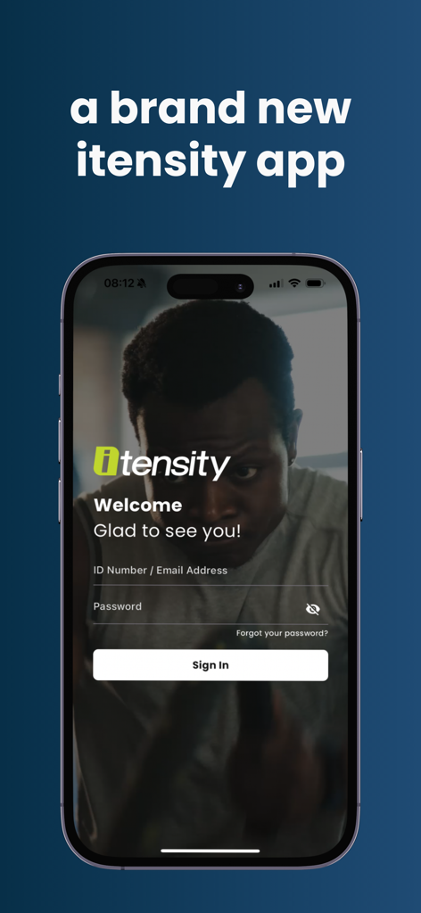 Itensity - Pantalla de inicio de sesión de la aplicación Itensity con un mensaje de bienvenida y un botón para iniciar sesión