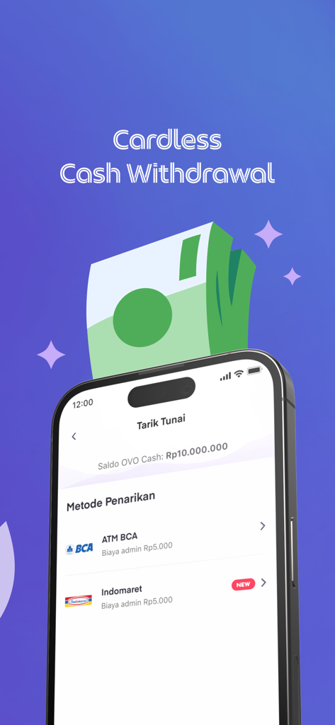 OVO mobile app interface showing cardless cash withdrawal options including ATM BCA and Indomaret