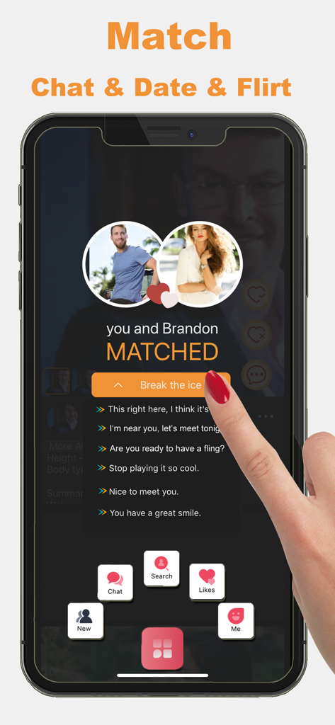 Adult Friend Dating: xMatch - Interfaz de usuario de la app de citas xMatch mostrando un emparejamiento entre dos usuarios y una lista de mensajes de chat para romper el hielo.