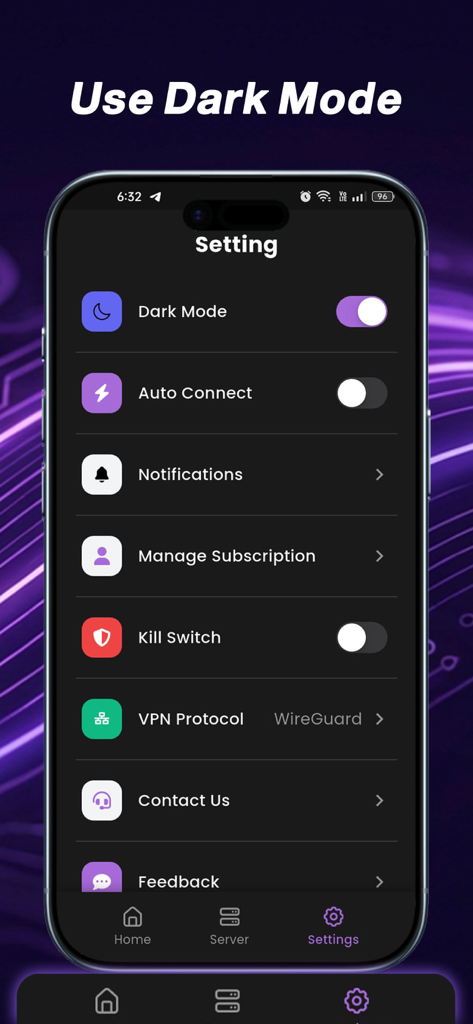 Menu de configurações do aplicativo Qero VPN mostrando o alternador de modo escuro e recursos de segurança como kill switch e protocolo wireguard