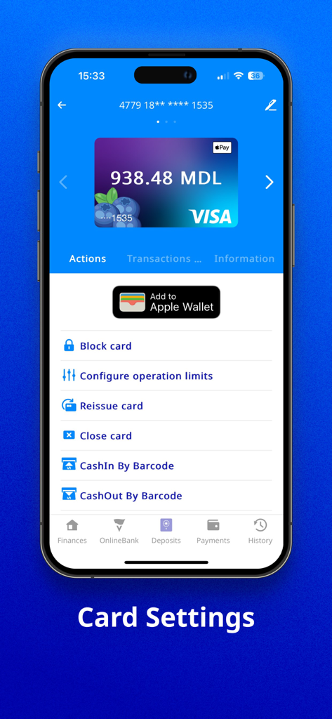 VB24 Mobile app card settings screen showing Visa card balance in MDL and management options like blocking or reissuing cards.