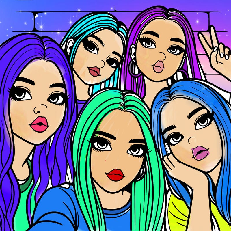 group of teen girls friends y2k up close in a selfie