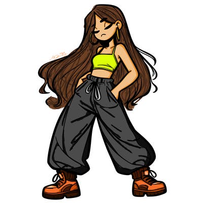 girl in baggy pants crop top and long hair