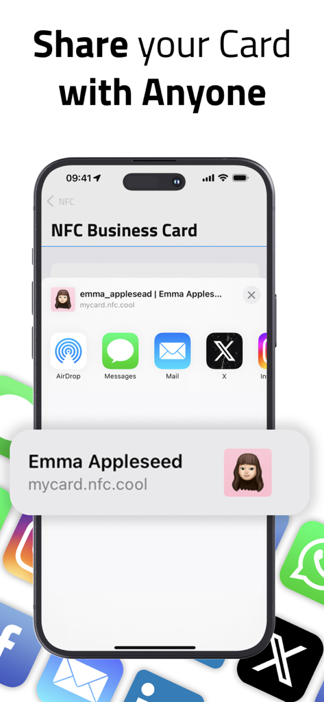 디지털 명함 공유 옵션을 표시하는 iOS 공유 시트