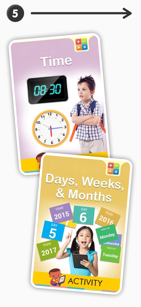 Two colorful first grade math activity cards covering time and calendar units including days weeks and months