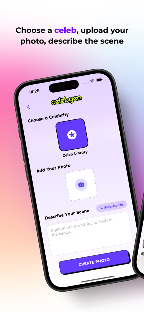Interface of the CelebGen app showing steps to select a celebrity, upload a photo, and enter a prompt to generate an AI selfie.