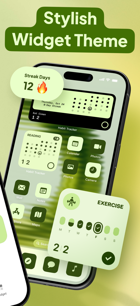 Habit Tracker Widget - iPhone home screen featuring aesthetic green widgets for habit tracking and streak counters