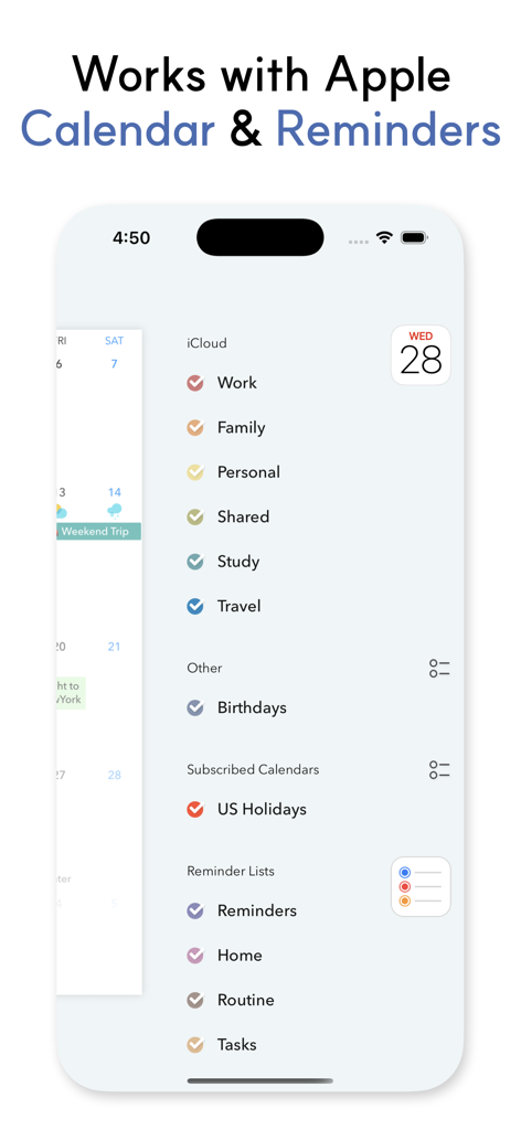 Across Modern Calendar interface showing integration with Apple Calendar and Reminders lists