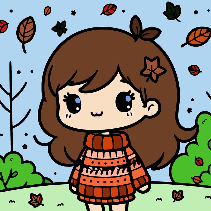 cute fall girl with sweater and leaves falling behind her and trees